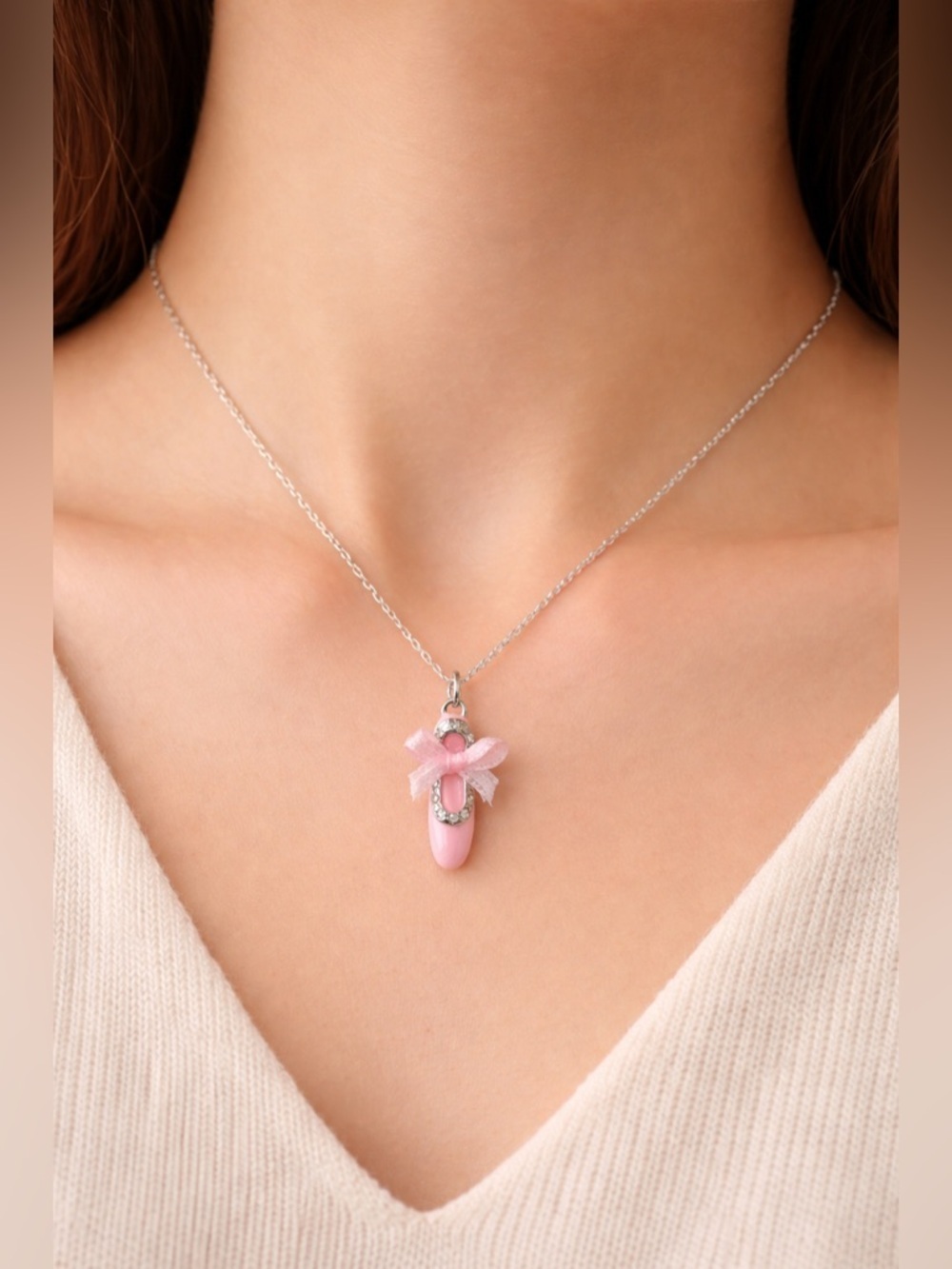 Elegant Pink Ballerina Slipper Pendant Necklace. New